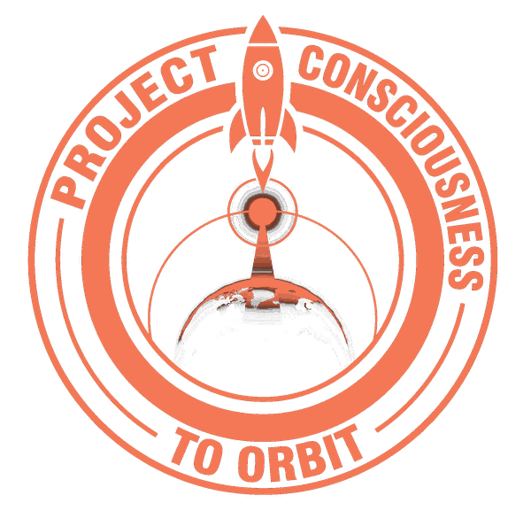 Project Consciousness to Orbit mission mark, a rocket leaving Earth inside a ringed badge